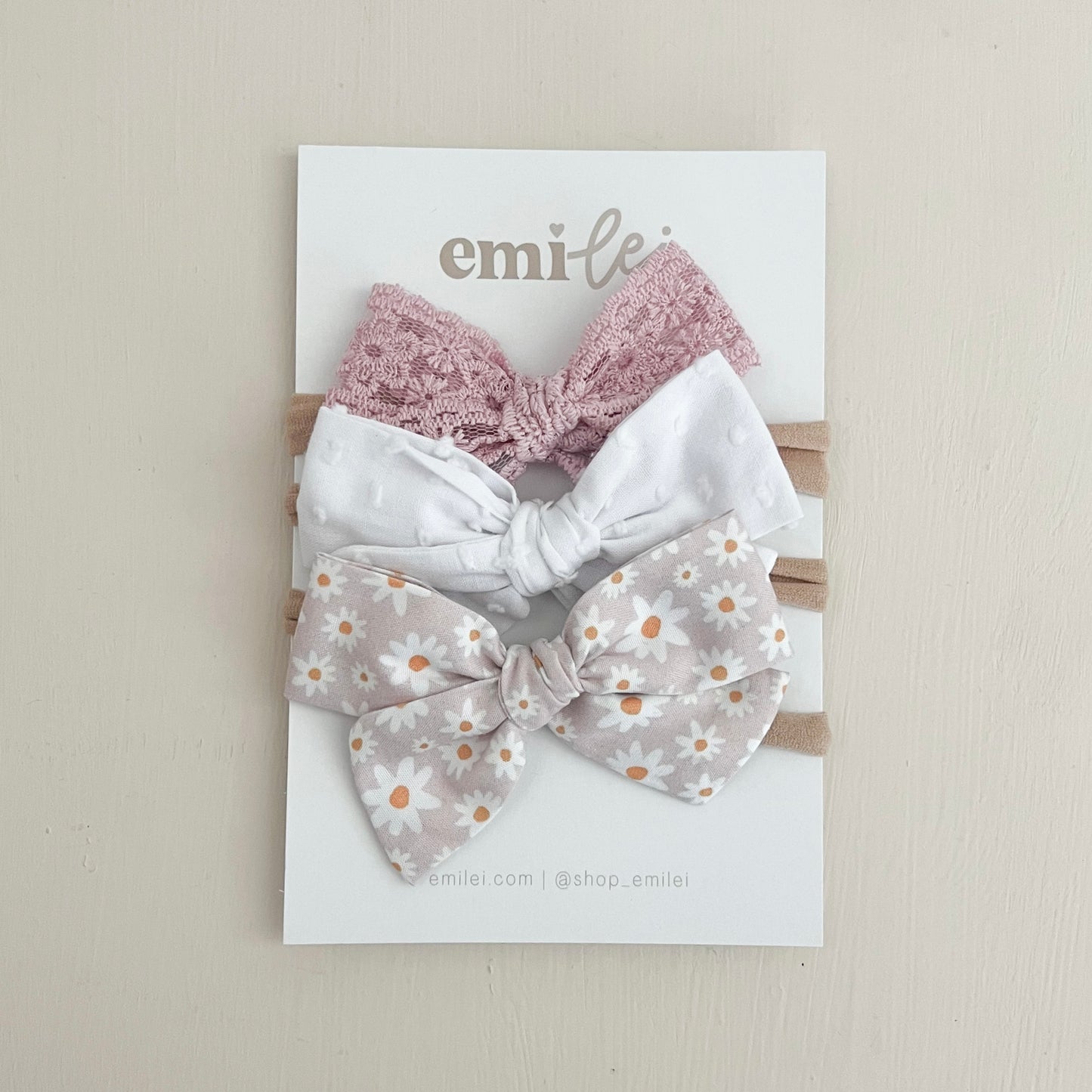 Bow Headbands & Clips | Set of 3 - Pink Lace, White, Daisy