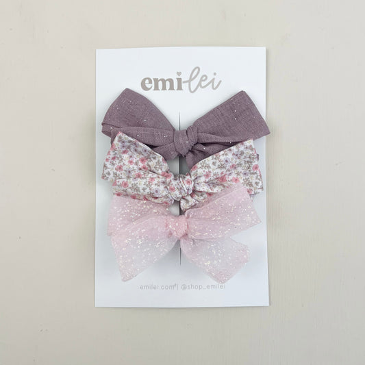 Bow Headbands & Clips | Set of 3 - Pink & Purple Sparkle Floral
