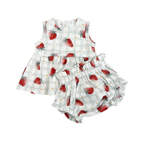 Organic Cotton Sleeveless Peplum Top & Bloomer Set | Strawberries