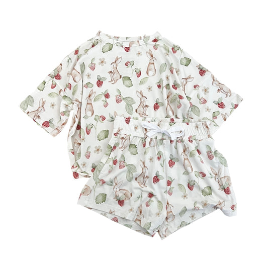 Bamboo Boxy Tee & Short Set | Strawberry Bunnies