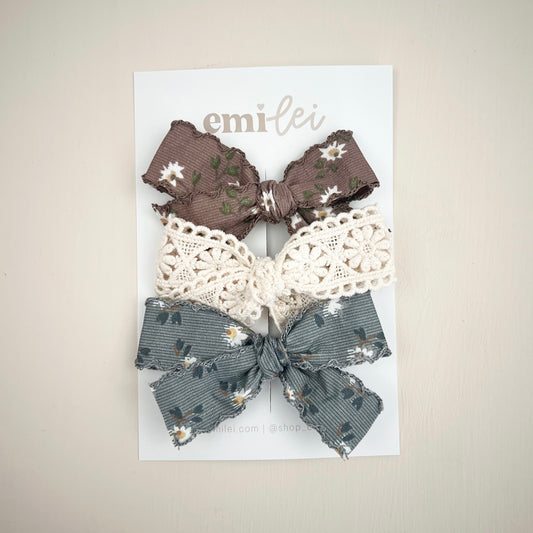 Bow Headbands & Clips | Set of 3 - Blue & Brown Wildflower
