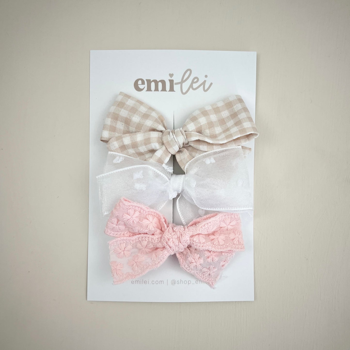 Bow Headbands & Clips | Set of 3 - Pink Lace & Neutral Gingham