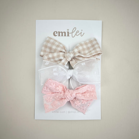 Bow Headbands & Clips | Set of 3 - Pink Lace & Neutral Gingham