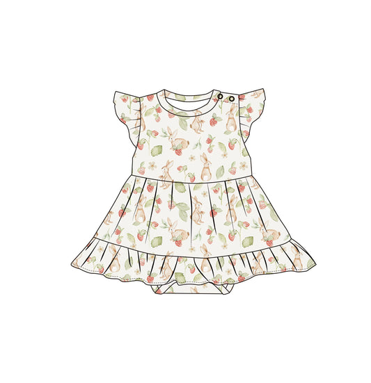 Bamboo Flutter Sleeve Skirted Twirl Romper | Strawberry Bunnies