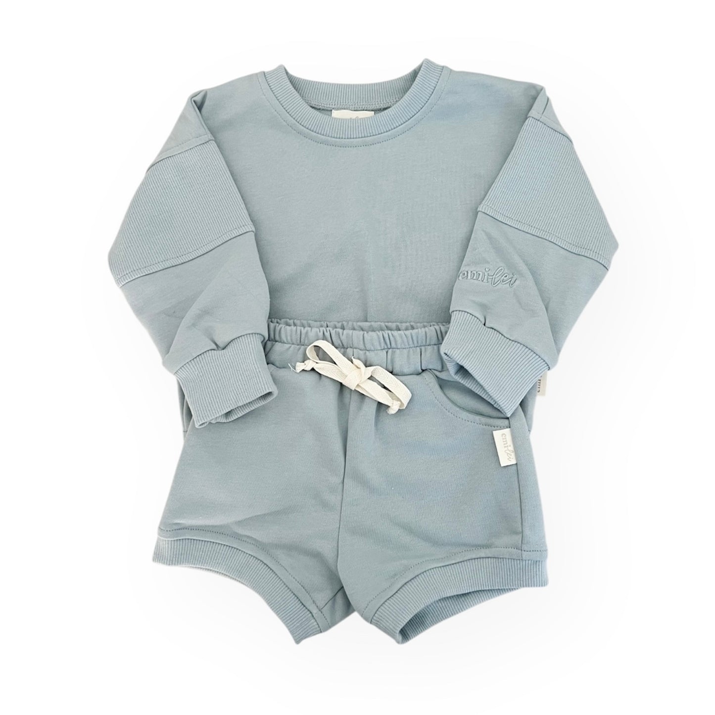 Crewneck Ribbed Block Sweatshirt & Short Set | Baby Blue