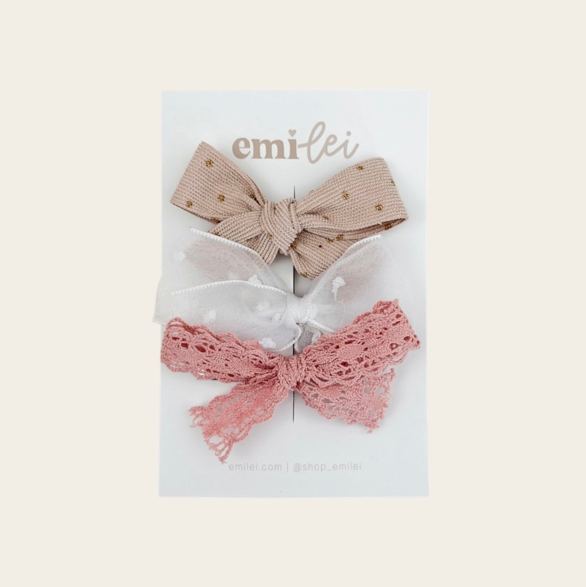 Bow Headbands & Clips | Set of 3 - Cream Cord Sparkle, White Chiffon, Mauve Dainty Lace