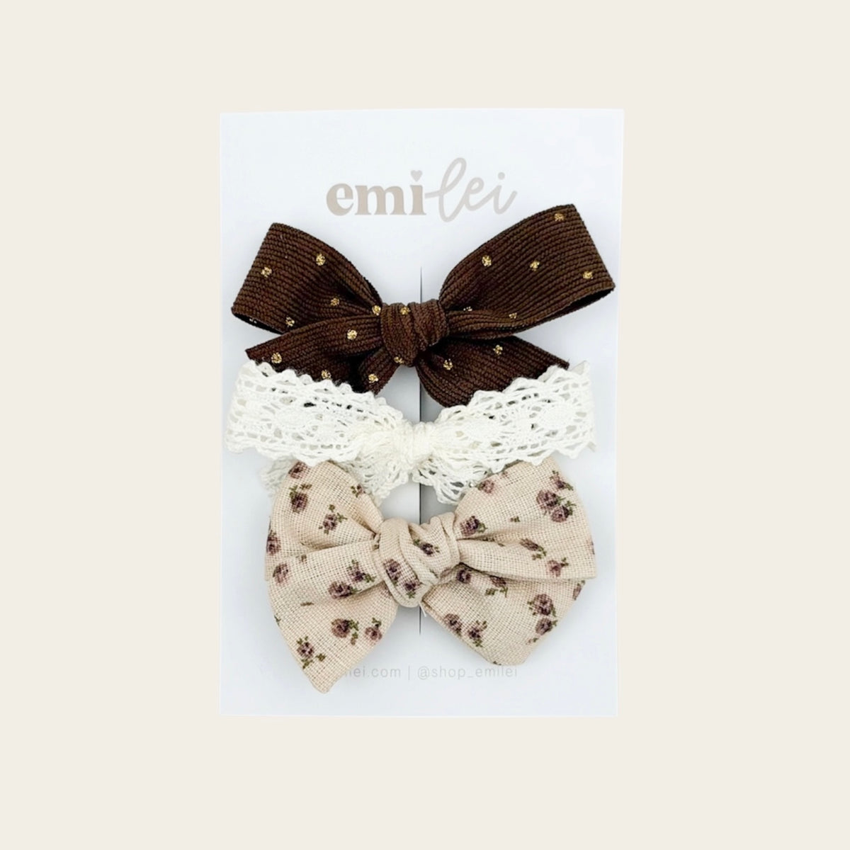 Bow Headbands & Clips | Set of 3 - Brown Sparkle, Dainty Lace, Vintage Floral