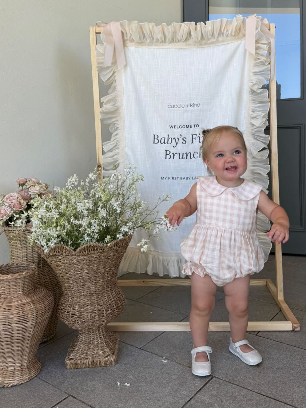 Linen Ruffle Romper | Blush Gingham
