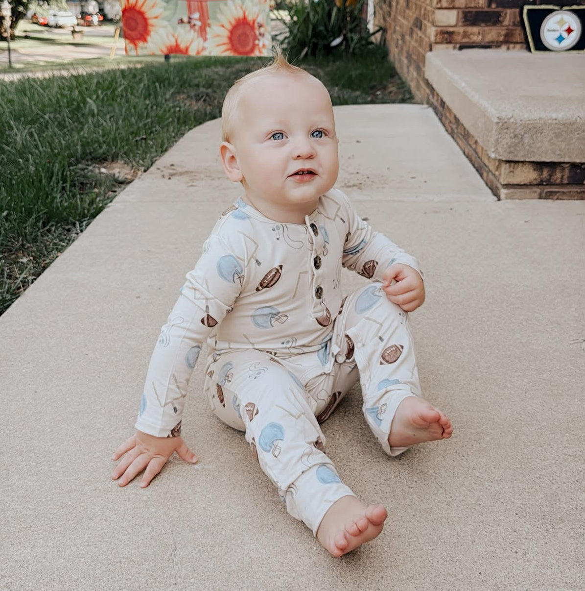 Bamboo Long Sleeve Romper | Football (Blue)