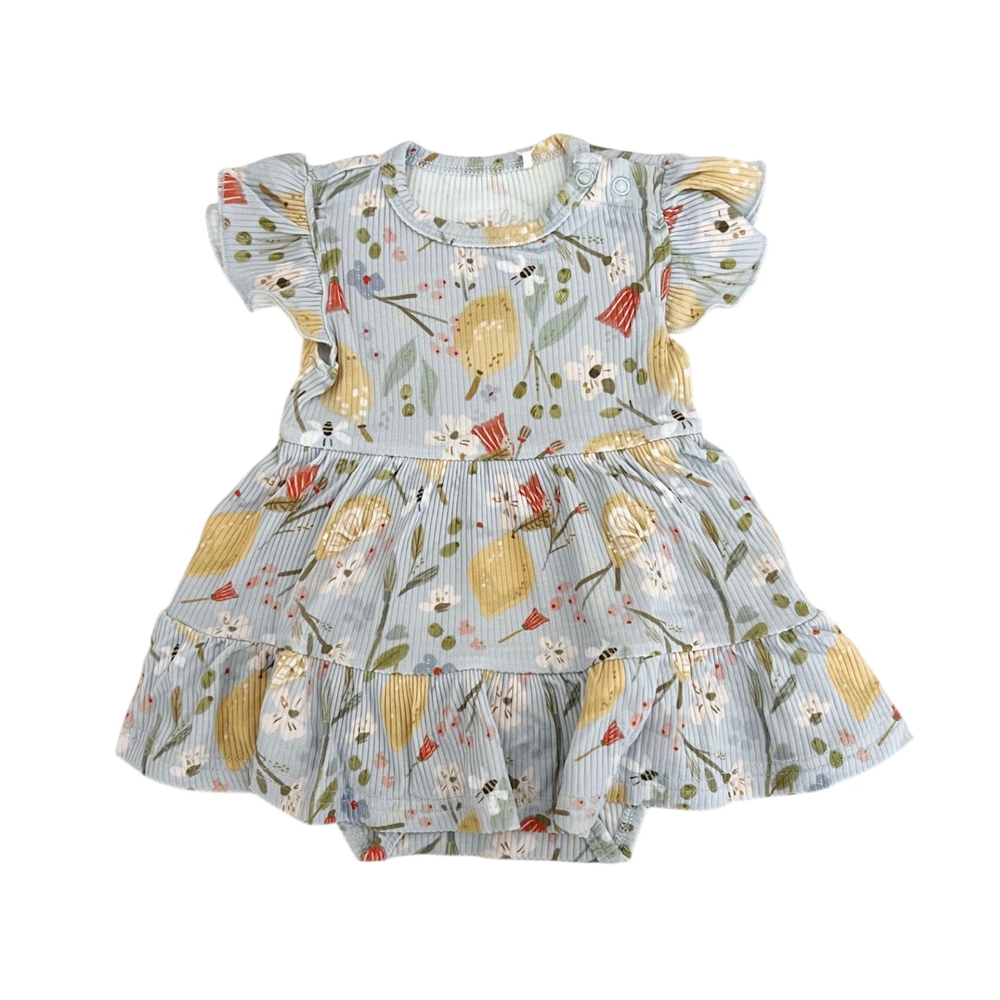 Ribbed Bamboo Flutter Sleeve Skirted Twirl Romper | Lemon Floral