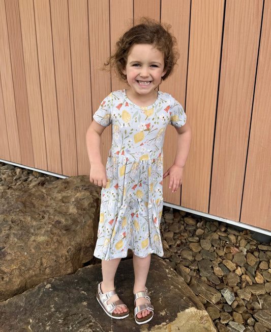 Ribbed Bamboo Short Sleeve Twirl Dress | Lemon Floral