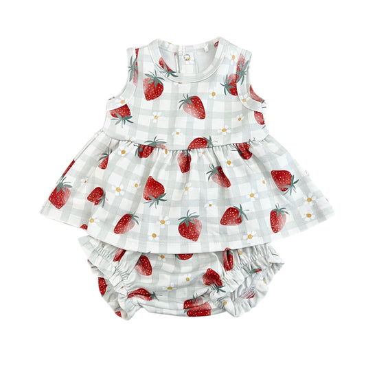 Organic Cotton Sleeveless Peplum Top & Bloomer Set | Strawberries