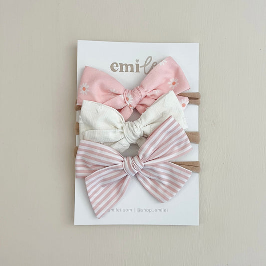 Bow Headbands & Clips | Set of 3 - Pink Daisy & Stripe