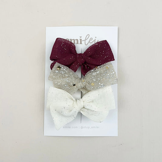 Bow Headbands & Clips | Set of 3 - Red, Ivory, White Sparkle