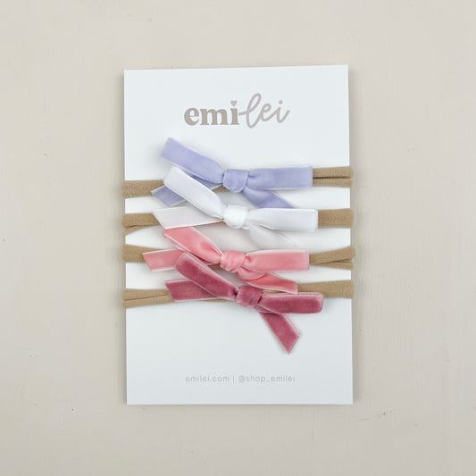 Velvet Hair Bow Headbands - Set of 4 (Lavender/Pink)