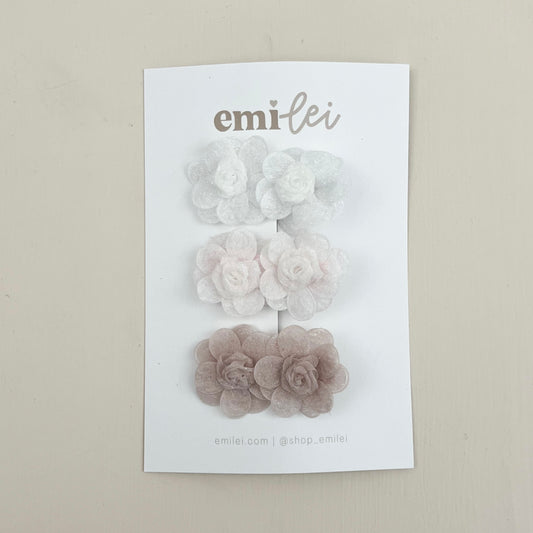 Shimmer Flower Hair Clips - Set of 3