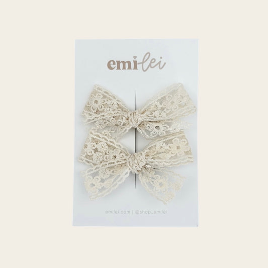 Pigtail Bow Clips - Ivory Lace