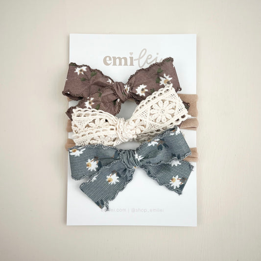 Bow Headbands & Clips | Set of 3 - Blue & Brown Wildflower