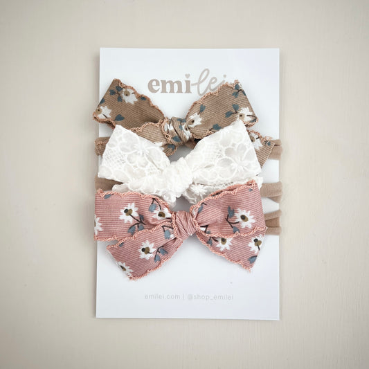 Bow Headbands & Clips | Set of 3 - Mauve & Khaki Wildflower