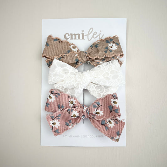 Bow Headbands & Clips | Set of 3 - Mauve & Khaki Wildflower