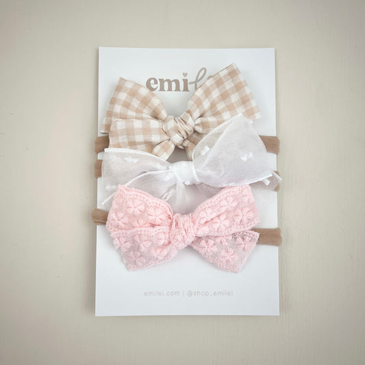 Bow Headbands & Clips | Set of 3 - Pink Lace & Neutral Gingham