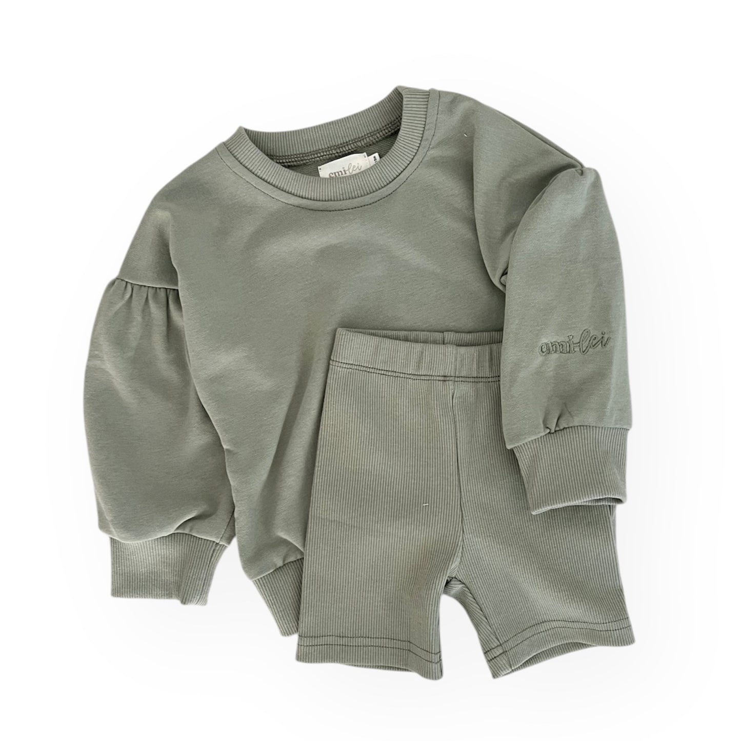 Bubble Sleeve Crewneck & Biker Short Set | Olive