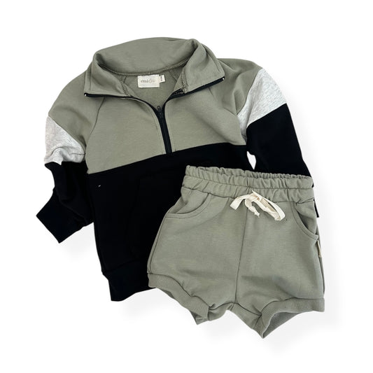 Half Zip Hoodie & Short Set | Olive & Black Color Block