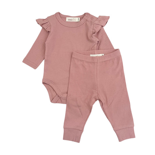 Ruffle Sleeve Ribbed Set | Rose