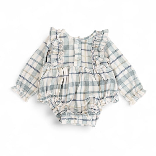 Bamboo Pinafore Ruffle Bubble Romper | Teal Plaid