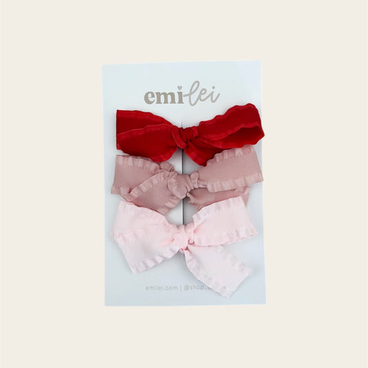 Bow Headbands & Clips | Set of 3 - Red, Mauve, Blush Crinkle