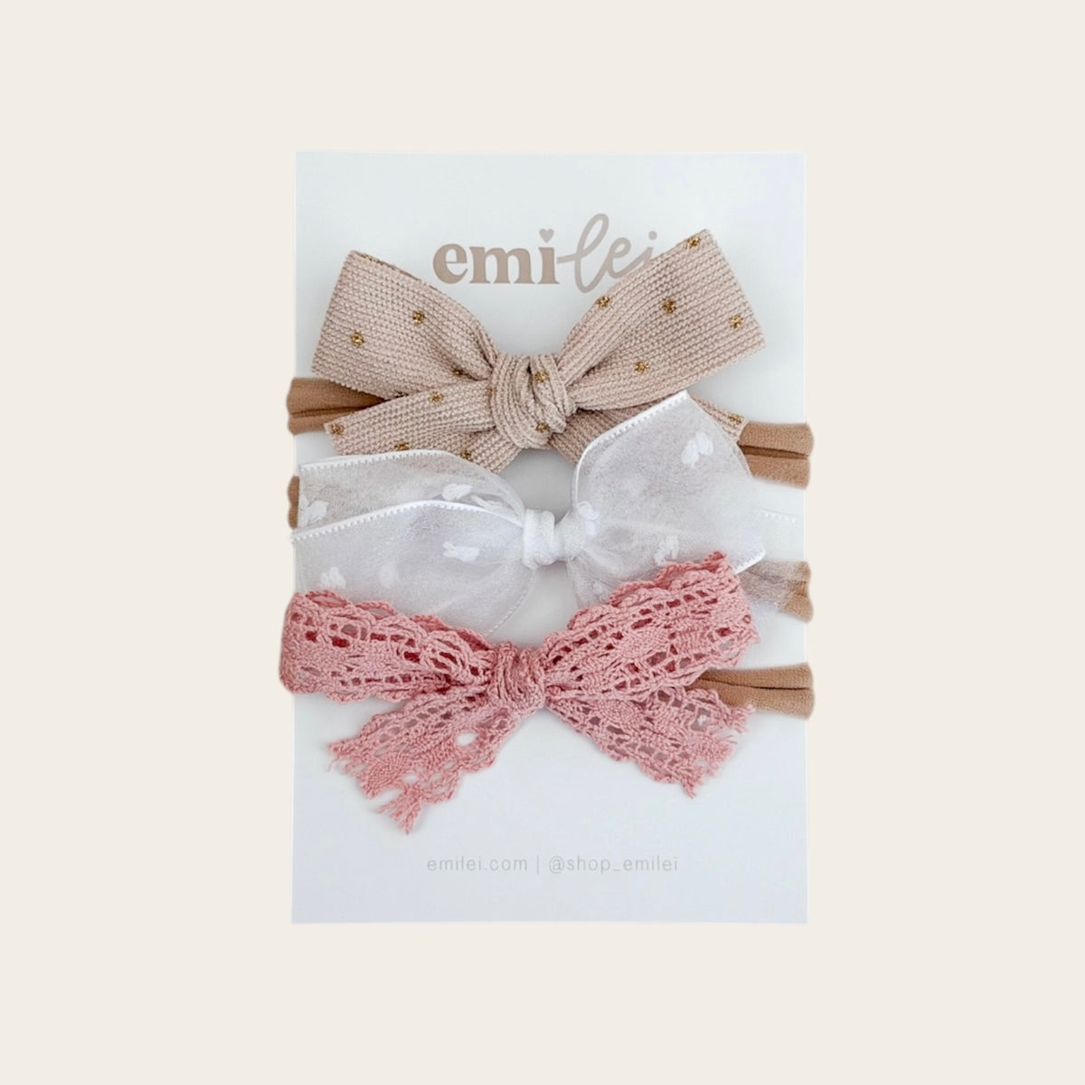 Bow Headbands & Clips | Set of 3 - Cream Cord Sparkle, White Chiffon, Mauve Dainty Lace