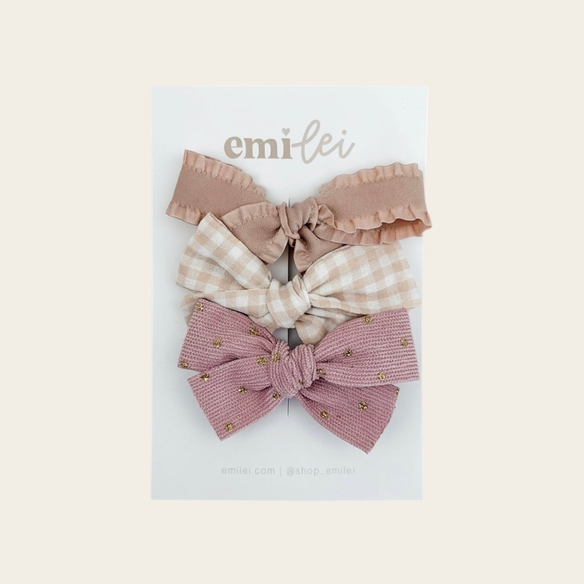 Bow Headbands & Clips | Set of 3 - Khaki Crinkle, Neutral Gingham, Blush Cord Sparkle