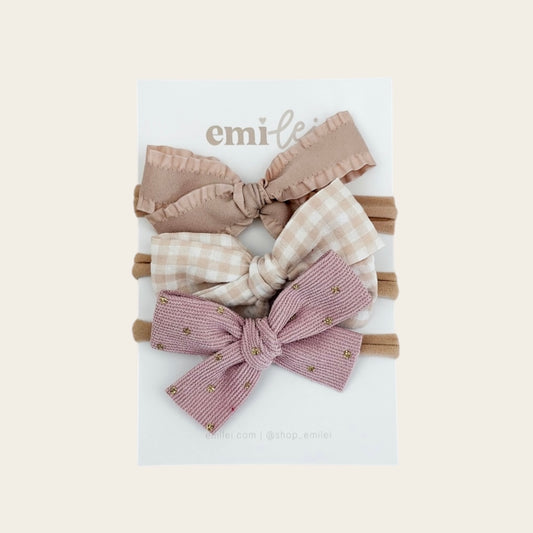 Bow Headbands & Clips | Set of 3 - Khaki Crinkle, Neutral Gingham, Blush Cord Sparkle