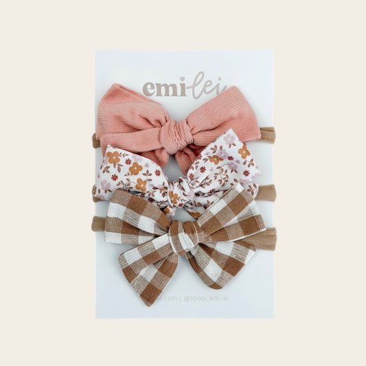 Bow Headbands & Clips | Set of 3 - Coral Cord, Autumn Floral, Cinnamon Gingham