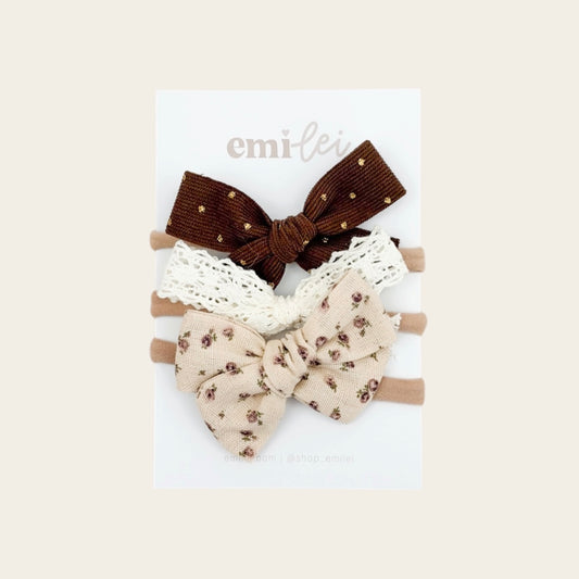 Bow Headbands & Clips | Set of 3 - Brown Sparkle, Dainty Lace, Vintage Floral