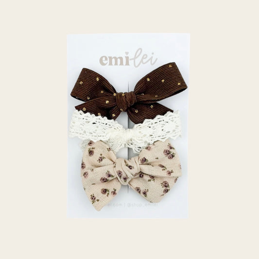 Bow Headbands & Clips | Set of 3 - Brown Sparkle, Dainty Lace, Vintage Floral