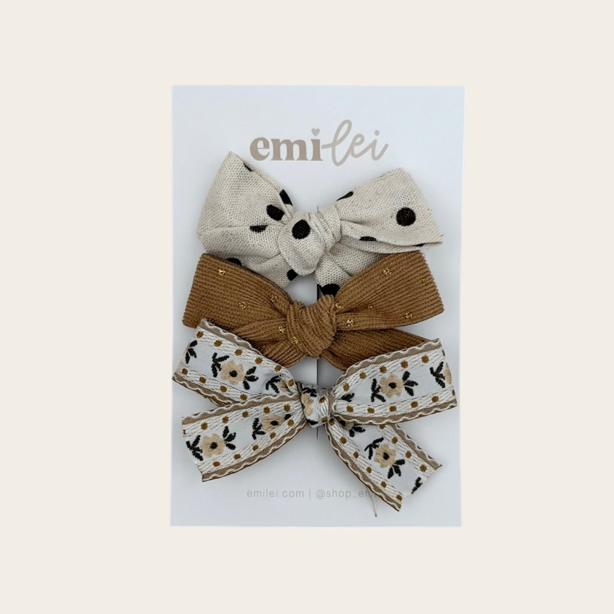 Bow Headbands & Clips | Set of 3 - Polka Dot, Khaki Sparkle, Ribbon Floral
