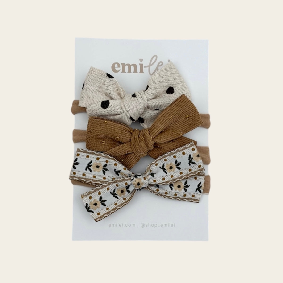 Bow Headbands & Clips | Set of 3 - Polka Dot, Khaki Sparkle, Ribbon Floral