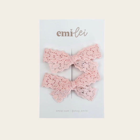 Pigtail Bow Clips - Dainty Blush Lace