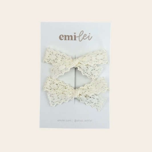 Pigtail Bow Clips - Dainty Ivory Lace